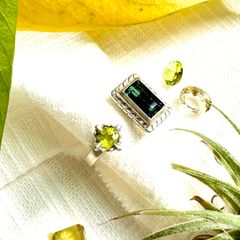 【 1点物 】【 天然石 】 ツーストーン フォークリング ( silver925 ) ペリドット & グリーン トルマリン / 8月 10月 誕生石 / フリーサイズ / 錆びない / ギフト ラッピング プレゼント / シルバー