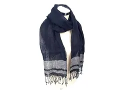 ■美品■ COMME CA ISM コムサイズム リネン100％ フリンジ マフラー ショール ストール メンズ レディース ネイビー系 DF3798