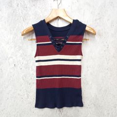 AZUL by MOUSSY アズールバイマウジー タンクトップ リブ ボーダー 編み上げ Vネック ネイビー レッド ホワイト Sサイズ □〇