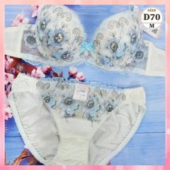 ★D70/M☆美胸ブラ＆ショーツセット 丸胸 ナチュラルバストメイク フラワーレース ローズアップリケ 紺