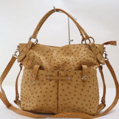 2506-51 オーストリッチ製 ハンドバッグ ショルダーバッグ 2WAY 美品 キャメル 銀金具