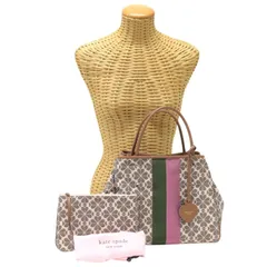 ケイトスペード Kate Spade スペード フラワー ストライプ エブリシング ミディアム トート イタリアンジャカード キャンバス レザー PXRUB289 トートバッグ ハンドバッグ ブラウン ピンク グリーン 正規品 美品 中古 mbi28004