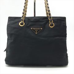 美品 PRADA プラダ ナイロン テスート 三角ロゴ ゴールド 金具 チェーン ショルダー バッグ レディース ファッション ブラック k5844