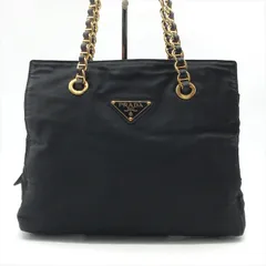 美品 PRADA プラダ ナイロン テスート 三角ロゴ ゴールド 金具 チェーン ショルダー バッグ レディース ファッション ブラック k5844