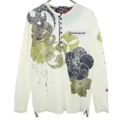 ファーストパーキング 和柄 プリント 長袖 ヘンリーネック Tシャツ L ホワイト系 FIRST PARKING ロンT メンズ 古着 【240424】