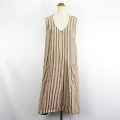 サマンサモスモス SM2 ジャンパースカート ワンピース ノースリーブ Vネック ロング丈 ストライプ 麻混 M ブラウン×ベージュ ※EKM