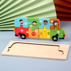 バス　木のパズル　木のおもちゃ　木製　モンテッソーリ 木製パズル