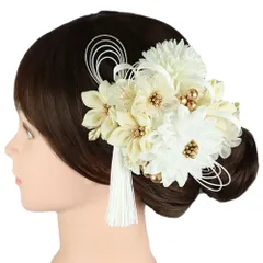 髪飾り 成人式 つまみ細工 オフホワイト 振袖 前撮り 袴 花 房 水引 レース パールビーズ ナチュラル 2点セット着物 和装 コー No.9-5511