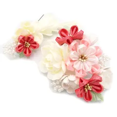 髪飾り ２点セット 赤 白 つまみ細工 パールビーズ 成人式 花 和風 浴衣 着物 振袖 袴 七五三 子供 結婚式 お呼ばれ 卒業式 入学式 ヘアアクセサリー ヘアコーム 髪留め 大きめ 日本製 送料無料 アカ W75 324-218 u959　Si