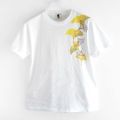 手描きイチョウ柄Tシャツ メンズ ホワイト 手描きで描いた銀杏柄模様のTシャツ