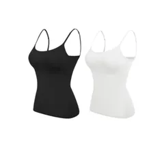 キャミソール 2枚セット グレー1枚とピンク1枚 黒1枚と白1枚 カップ付きキャミソール ブラトップ パット付きインナー ブラキャミ ノンワイヤー タンクトップ レディース 軽量 フィット 肩ひも調節可