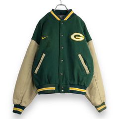 【フォロワー様クーポン配布中！】カナダ製 NIKE ナイキ NFL パッカーズ packers デカロゴ 袖レザー 切替え ウール スタジャン アワードジャケット ブルゾン 輸入古着 海外古着 メンズ Mサイズ【Y-22】