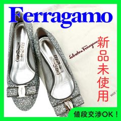 ★新品未使用★ Ferragamo フェラガモ フラットシューズ グリッター チャンキーヒール ヴァラ リボン シルバー 23.5㎝ 866