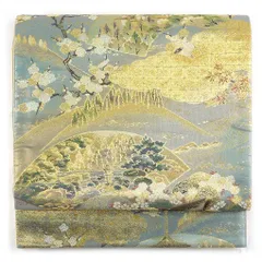 袋帯 幅30cm 長さ425cm レディース 扇面 秋冬春用 正絹（シルク）シルバー 未使用品 リメイク リユース リサイクル【呉服のきくや】