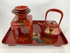 時代年代物 木製朱塗 盃台 盃 七客 楼閣山水 瑞鶴図 金蒔絵 お屠蘇 お正月 盃台 お屠蘇セット 朱塗り 漆塗り 鶴亀 蒔絵 骨董 木製 レトロ