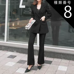 種類8：ホワイト/L ハイウエスト ロングジャケット フレアパンツ パンツスーツ セットアップ ロング ロング丈 袖あり 長袖 Vネック 襟付き タイト ポケット 前開き 上下セット 2点セット ツーピース 大人可愛い きれいめ シンプル 大人 上品 おしゃれ