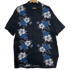 アロハシャツ 総柄 US古着 ボタンダウン オープンカラー 開襟シャツ レーヨンシャツ 半袖 シャツ BANGLADESH製 メンズ L ブラック
