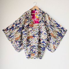 Japanese Vintage Haori Long Michiyuki Coat Silk Kimono Gown Old-ⅽloth 長羽織 羽織 正絹 道行 コート 襟付き 松竹梅 吉祥柄 古布 時代布 一点物 大正浪漫 和洋折衷