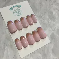 ㉗【ネイルチップ】ジェルネイル ピンク ベージュ グラデーション シルバー ストーン 大人ネイル  ワンポイント 派手すぎない オリジナル サイズオーダー受付中