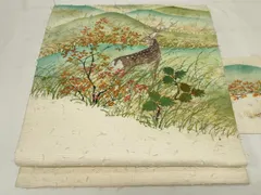 平和屋着物●九寸名古屋帯　作家物　手描き　髭紬　動物草花文　正絹　逸品　未使用　CAAZ6401dy