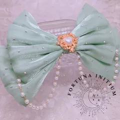 推し活💚緑担当💚リボンクリップ🎀 パール付き ハートチャーム付き