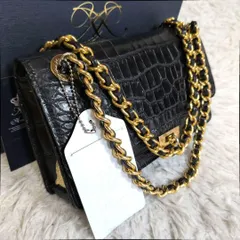 美品✨ADMJ エーディーエムジェイ エーディーエムジェー 定価24万✨クロコダイル チェーンショルダーバッグ 黒 本革 ハンドバッグ　ショルダーバッグ　肩掛け  ネームプレート ミニバッグ フォーマル　セレモニー　 自立　クロコ　ワニ　鰐　エキゾチックレザー