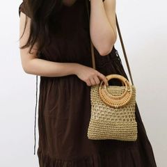 【COOCO】ラタン丸ハンドル×ペーパー2WAY mini　ミニ　ショルダーバッグ カゴバッグ かごバッグ 　キャメル