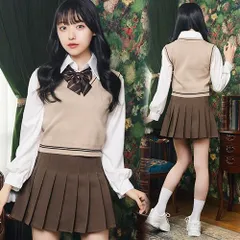 オルチャンセーラー ニットベスト ベージュ×チョコ　　[韓国 制服 コスプレ 韓国風制服 コスチューム コリア 女子高生 衣装生徒 高校生 中学生 レディース 大人女性 ハロウィン イベント]【A-2188_908647】