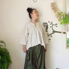 asana 麻100% ガーゼ 三つ編み ギャザー ブラウス