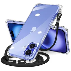 iPhone 16 Plus 用 ケース クリア ショルダー iPhone16plus 用 スマホケース アイフォン16Plus カバー 肩掛け 斜めかけ 縄掛けケース 透明 TPU 薄型 軽量 耐衝撃 携帯ケース 紐付き 斜めがけ 織りストラップ付き ネ 1