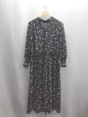 ◇ ⊂ ROSE BUD クロスオーバーVネック シフォン 総柄 長袖 ロング ワンピース サイズF ブラック レディース E  【1409100041958】