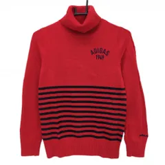 【美品】アディダス タートルネックセーター レッド×黒 一部ボーダー 袖一部ケーブル編み レディース M/M ゴルフウェア adidas