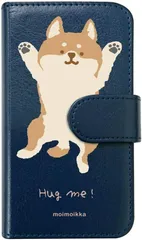 【訳アリ】iPhone12 mini アイフォン12ミニ 対応 手帳型 スマホ ケース hug me 柴犬（大） しば 犬 アニマル 動物 キャラクター おしゃれ かわいい (カバー色ネイビー) ダイアリータイプ 横開き カード収納