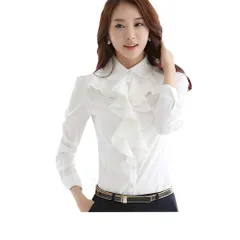 ブラウス フリル 無地 前開き 長袖 レディース フリル襟 フリル襟 シャツ トップス OL 胸元フリル 大人 フリル襟シャツ ロングスリーブ ホワイト  白　演奏会　ホワイトシャツ　スーツインナー  フォーマル ホワイトブラウスブラックカラー有