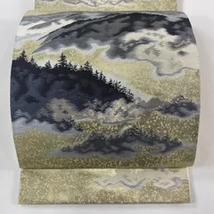 【美品】 袋帯 秀品 服部織物 落款 こはく錦 連山 霞 銀糸 箔 金色 お太鼓柄 正絹 【中古】