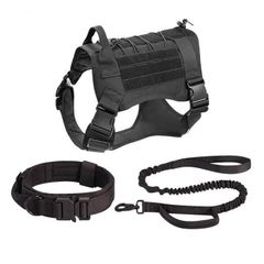 犬 ミリタリー ハーネス 首輪 リード ３点セット ダブルハンドル 軍犬 k9大型犬　中型犬　ブラック
