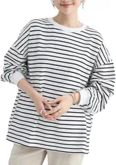 グリーンパキラ トレーナー レディース ゆったり トップス ボーダー ロングtシャツ 薄手 カットソー プルオーバー 長袖 オフィスカジュアル ボーダーtシャツ 大きめ ロンティー スウェット 丸首 ドロップショルダー(ホワイト,  L)