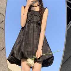 夏季甜美吊帯ワンピース かわいい蝶結び ギンガムチェック フレアウエストシェイプ 花柄スカート