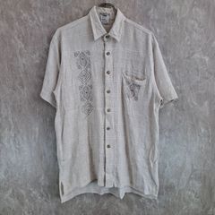 HASH UOMO 薄手 刺繍 デザイン 柄 模様 チェック スリット アイボリー 白 L シャツ