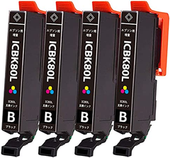 ICBK80-4PK IC80-4BK(増量) 合計4本 Epson用（ エプソン ） IC80 ICBK80 ICBK80L （ブラック）互換インクカートリッジ 4本セット 増量タイプ IC6CL80L対応機種: EP-707A EP-777A EP-807