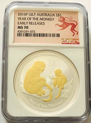 2016 P Gilt Atralia $ of the Monkey NGC MS 70 Early Releases