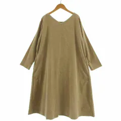 スタディオクリップ Studio Clip ワンピース Vネック 長袖 ミモレ丈 コーデュロイ バックボタンダウン コットン ベージュ M