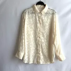 フリンジシャツ　ブラウス　アイボリー　長袖　襟付き　シースルー　シアー　M