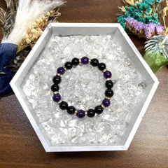 モリオン&アメジスト パワーストーン ブレスレット 天然石ブレス (ゴールド) 10mm メンズ・レディース 厄除け 恋愛運 お守り [17]