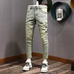 メンズ ファッション 服  オシャレ シンプル 大人 かっこいい 大きいサイズ ストリート 紳士服  ハイエンド ウォッシュ 加工 ライト カラー ジーンズ スリムフィット ストレート レッグ 伸縮性 ストレッチ ストレッチ 春 レトロ 九分丈 パンツ
