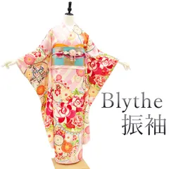 【中古】 振袖 長襦袢 ２点セット 着物 Blythe ブライスドール 丸紅 ブランド ピンク クリーム ストライプ 地紋 ドット 花丸 バラ お城 ドール系 成人式 リサイクル 中古 仕立て上がり 身丈161 裄66.5 Ｍサイズ みやがわ sb12277