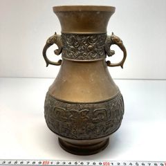 高岡銅器 兼荀 双龍獣耳骨董品 峰雲 花瓶花器 アンティーク青銅尺3寸