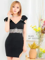 ブラック[AR24330-B-2407]【ANGEL R/エンジェルアール】ギャザーショルダー/ ウエストビジュー/ ワンカラー/ タイト/ ミニドレス/ キャバドレス