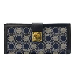 Salvatore Ferragamo フェラガモ ガンチーニ 長財布 財布 ロングウォレット 二つ折り財布 折財布 キャンバス レザー ネイビー