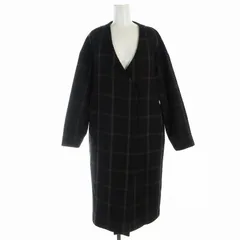 レイビームス Ray Beams ノーカラーコート ロング ウール チェック 紺 ネイビー /EE